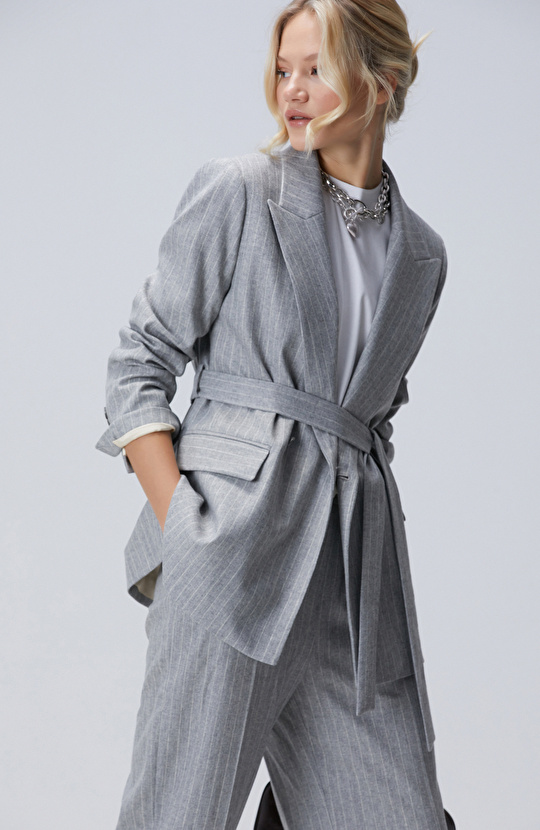 Gri Melanj Yün Karışımlı Blazer Ceket