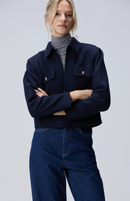 Lacivert Yün Karışımlı Ceket