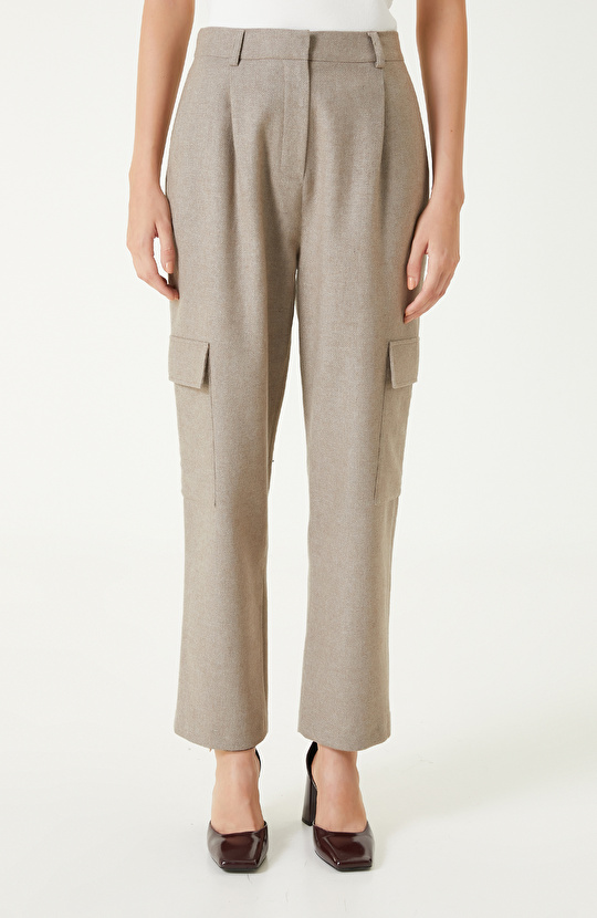 Bej Melanj Yün Karışımlı Kargo Cepli Pantolon