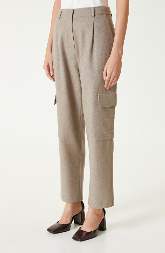 Bej Melanj Yün Karışımlı Kargo Cepli Pantolon