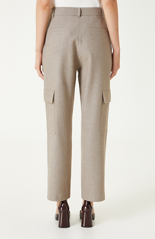 Bej Melanj Yün Karışımlı Kargo Cepli Pantolon
