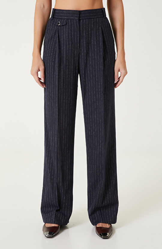 Lacivert-Kırık Beyaz Yün Karışımlı Çizgili Pantolon