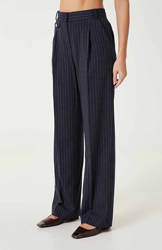 Lacivert-Kırık Beyaz Yün Karışımlı Çizgili Pantolon