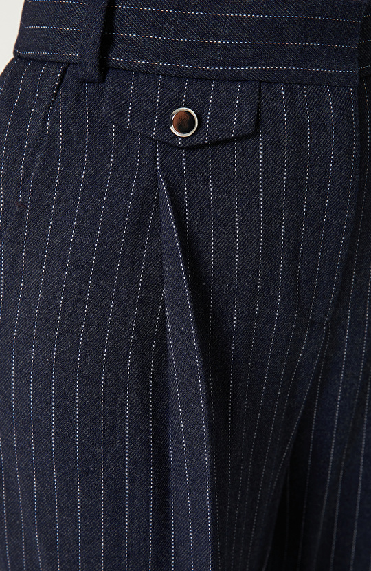 Lacivert-Kırık Beyaz Yün Karışımlı Çizgili Pantolon