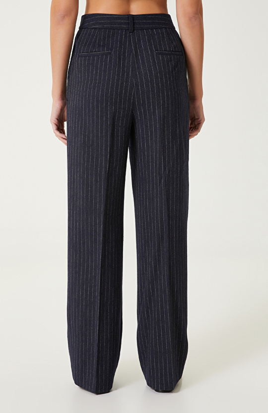 Lacivert-Kırık Beyaz Yün Karışımlı Çizgili Pantolon