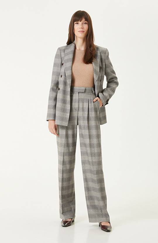 Gri Yün Karışımlı Desenli Pantolon