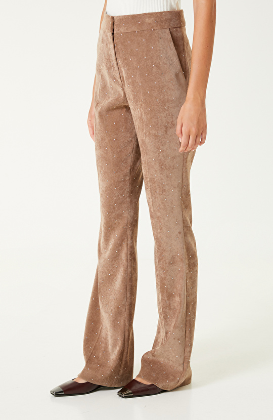Camel Taş Baskılı Fitilli Kadife Pantolon