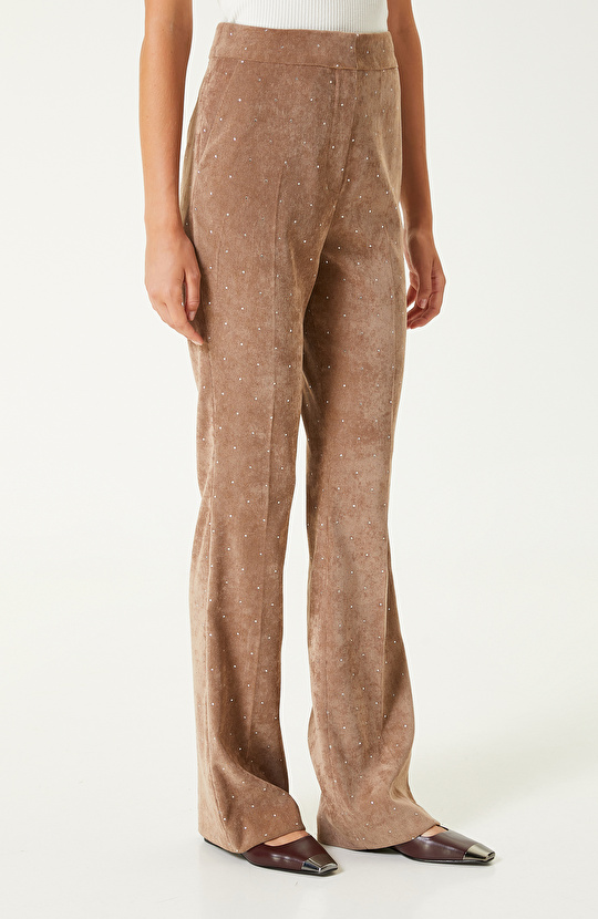 Camel Taş Baskılı Fitilli Kadife Pantolon
