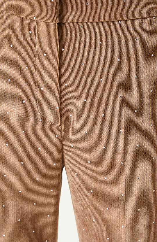 Camel Taş Baskılı Fitilli Kadife Pantolon