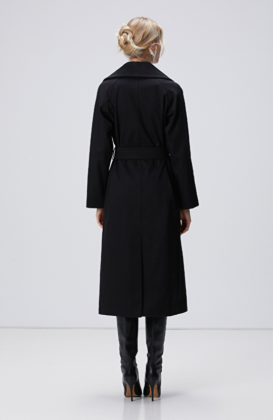 Siyah Kruvaze Trençkot