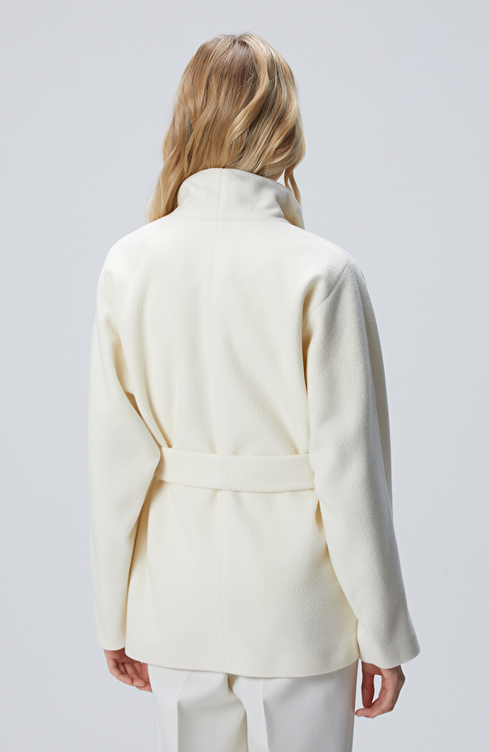 Kırık Beyaz Yün Karışımlı Kaban