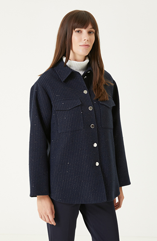 Lacivert Payetli Çizgili Dış Gömlek