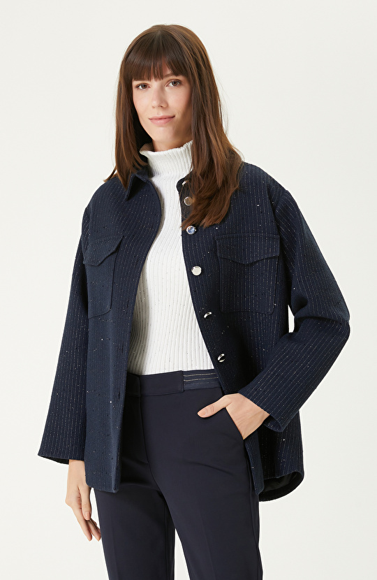 Lacivert Payetli Çizgili Dış Gömlek