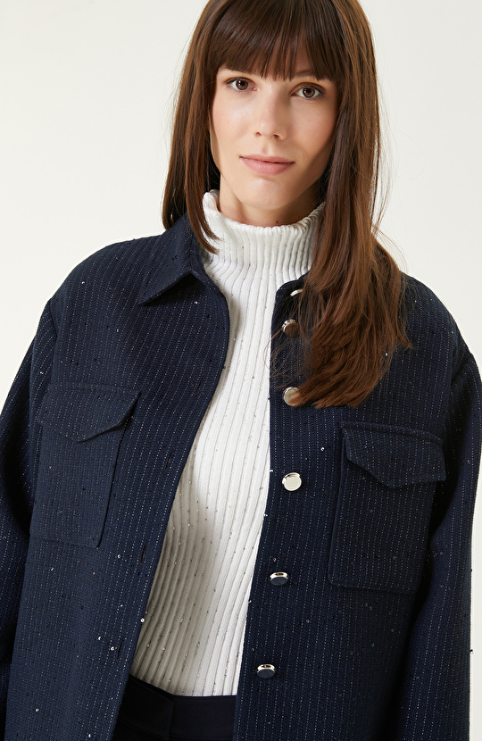 Lacivert Payetli Çizgili Dış Gömlek