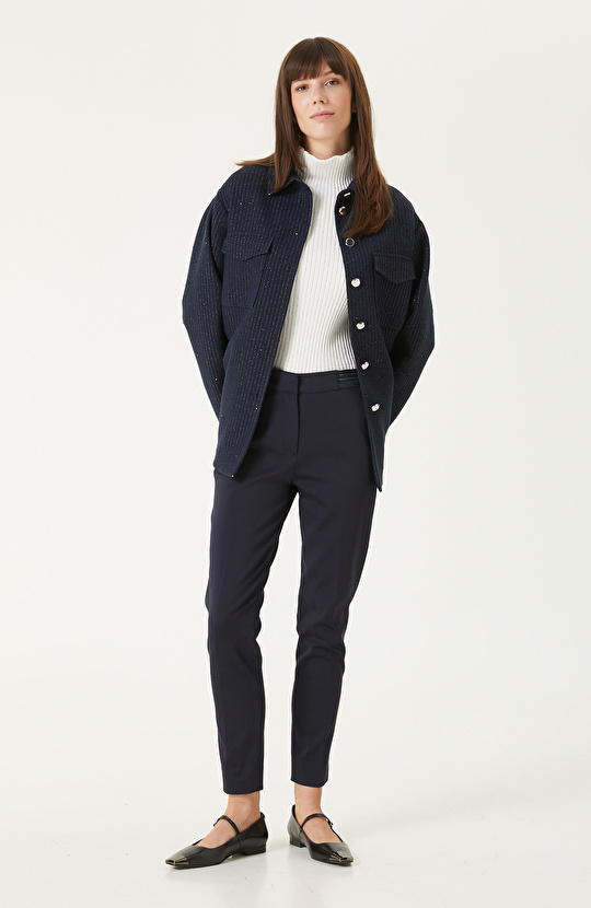 Lacivert Payetli Çizgili Dış Gömlek