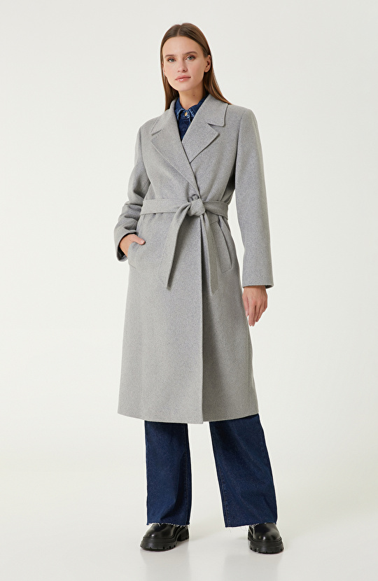 Gri Melanj Yün Karışımlı Manto