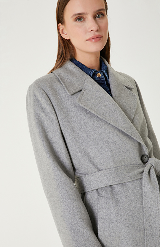 Gri Melanj Yün Karışımlı Manto