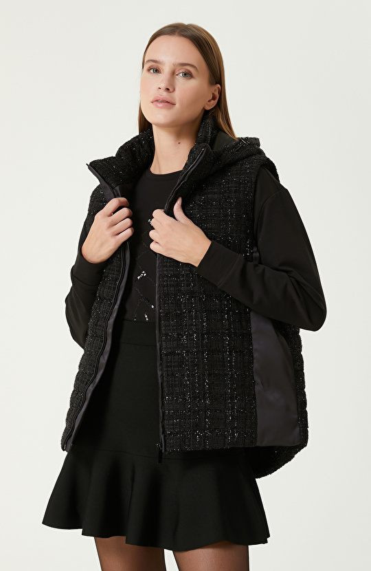 Siyah Kapüşonlu Puffer Casual Yelek