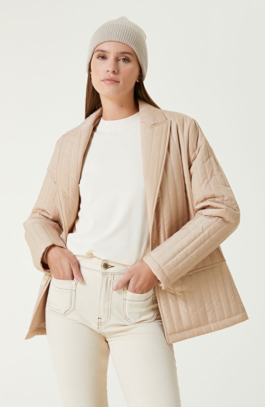 Bej Dikişli Detaylı Puffer Mont