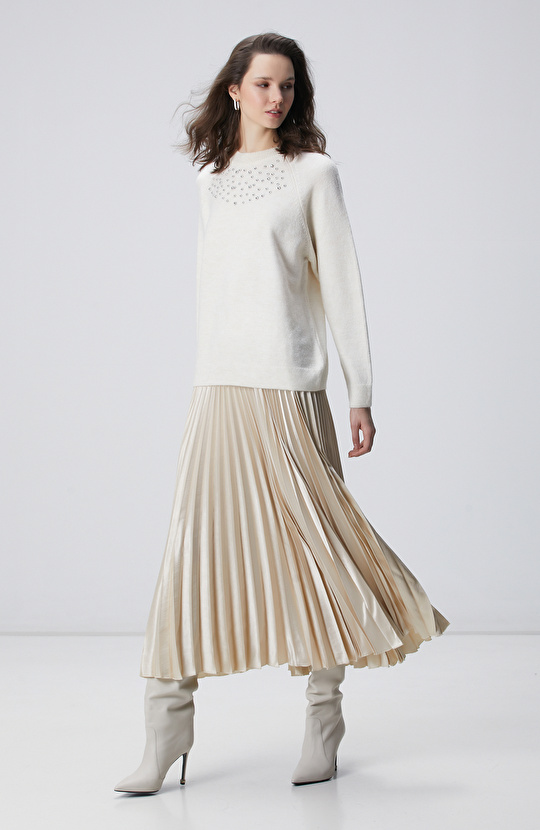 Kırık Beyaz Piliseli Maxi Etek 