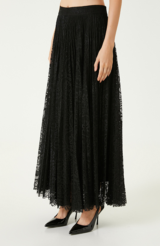 Siyah Piliseli Dantel Maxi Etek