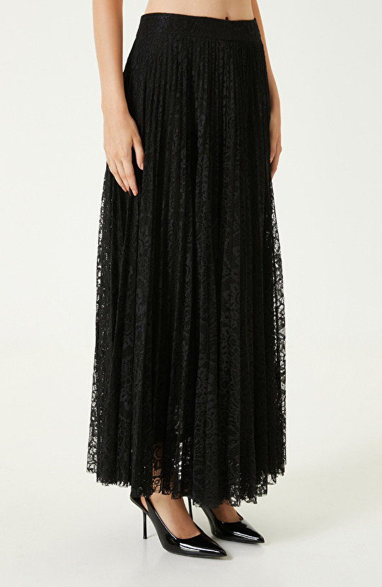 Siyah Piliseli Dantel Maxi Etek