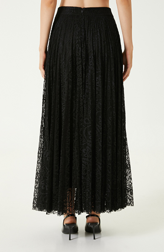 Siyah Piliseli Dantel Maxi Etek