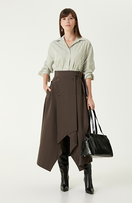 Koyu Gri Kemer Detaylı Midi Etek