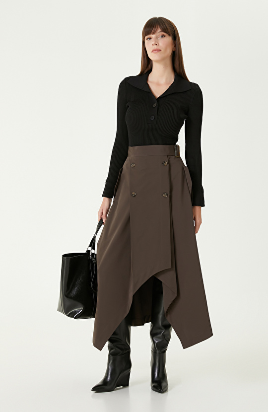 Koyu Gri Kemer Detaylı Midi Etek