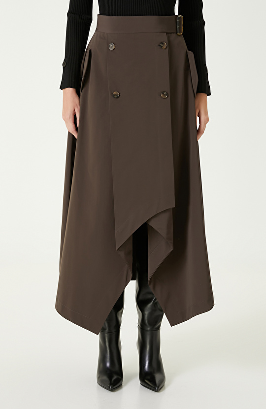 Koyu Gri Kemer Detaylı Midi Etek