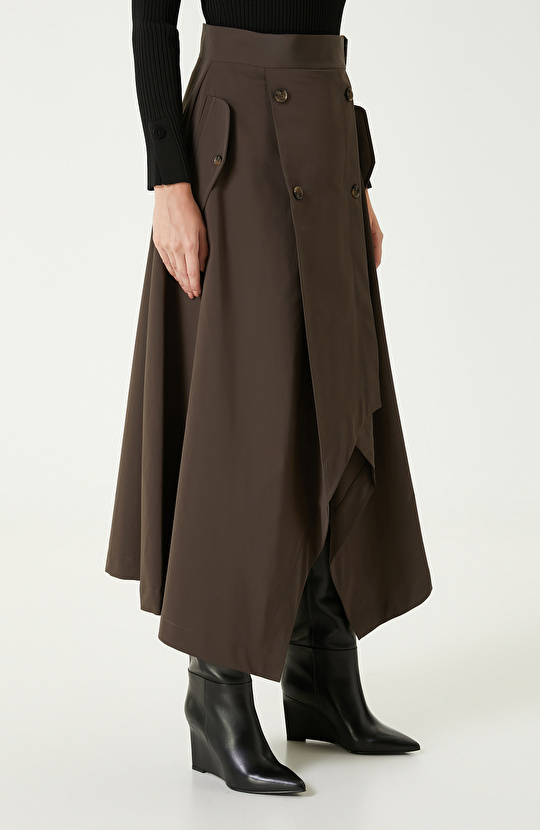 Koyu Gri Kemer Detaylı Midi Etek