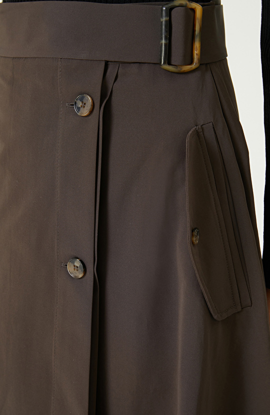 Koyu Gri Kemer Detaylı Midi Etek