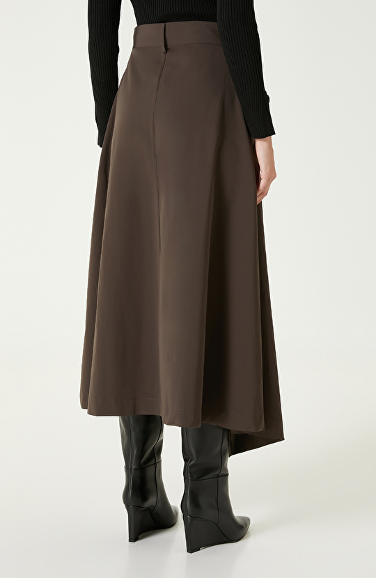 Koyu Gri Kemer Detaylı Midi Etek