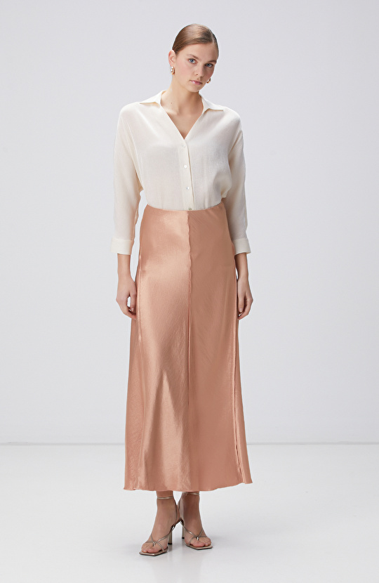 Kayısı Limited Dikiş Detaylı Maxi Saten Etek