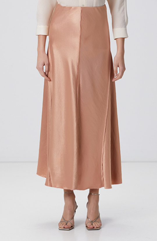 Kayısı Limited Dikiş Detaylı Maxi Saten Etek