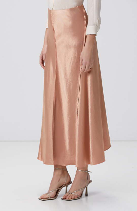 Kayısı Limited Dikiş Detaylı Maxi Saten Etek