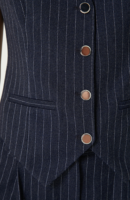 Lacivert-Kırık Beyaz Yün Karışımlı Çizgili Yelek 