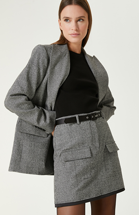 Siyah Beyaz Yün Karışımlı Ekose Mini Etek