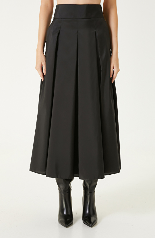 Siyah Pileli Saten Midi Etek 