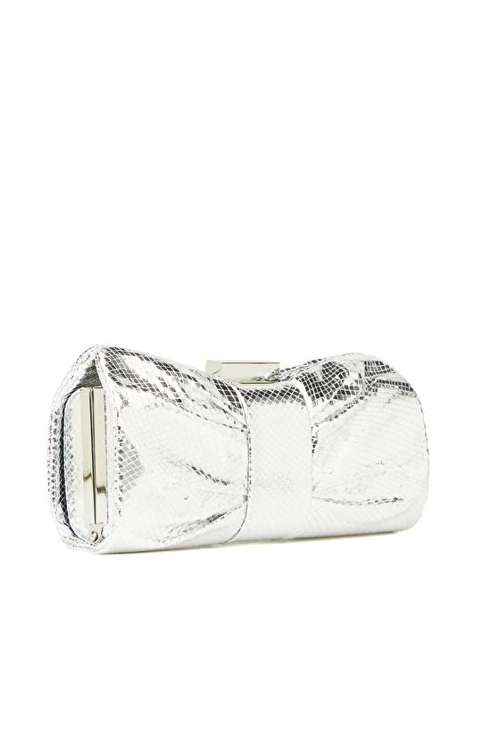 Gümüş Yılan Baskılı Kadın Clutch