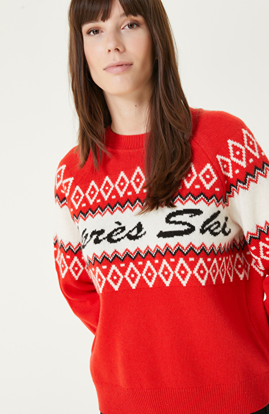 Kırmızı Yün Karışımlı Jakarlı Triko Kazak