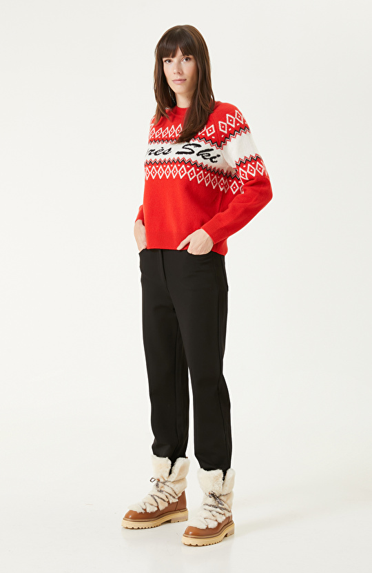 Kırmızı Yün Karışımlı Jakarlı Triko Kazak