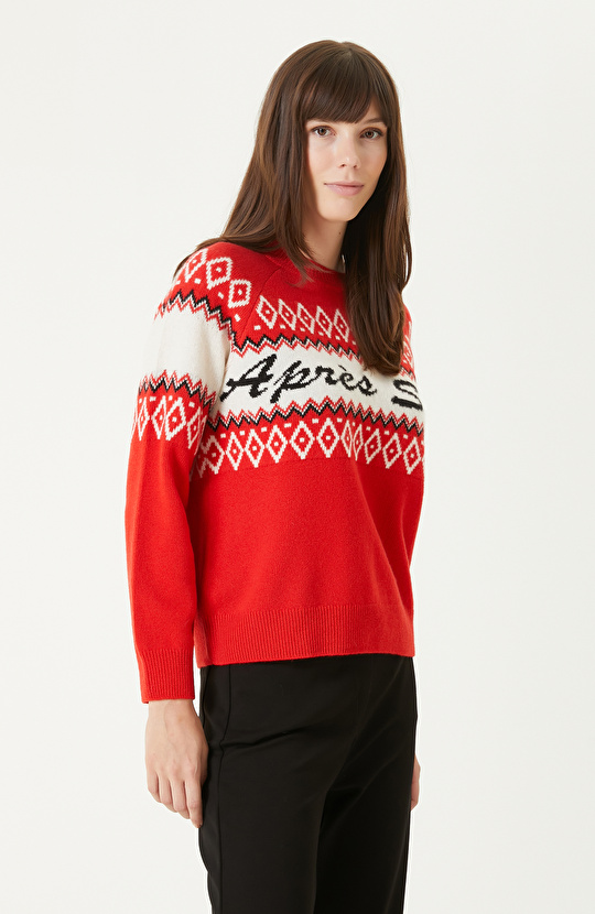 Kırmızı Yün Karışımlı Jakarlı Triko Kazak