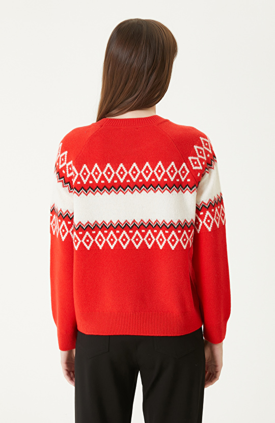 Kırmızı Yün Karışımlı Jakarlı Triko Kazak
