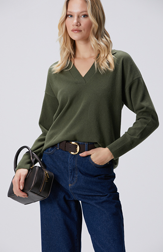 Haki Melanj  Limited Yün Kaşmir Karışımlı Kazak