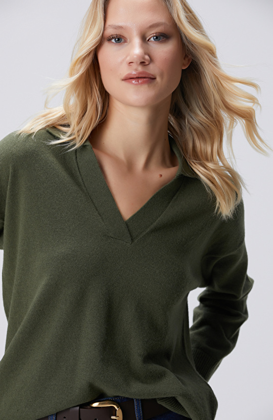 Haki Melanj  Limited Yün Kaşmir Karışımlı Kazak