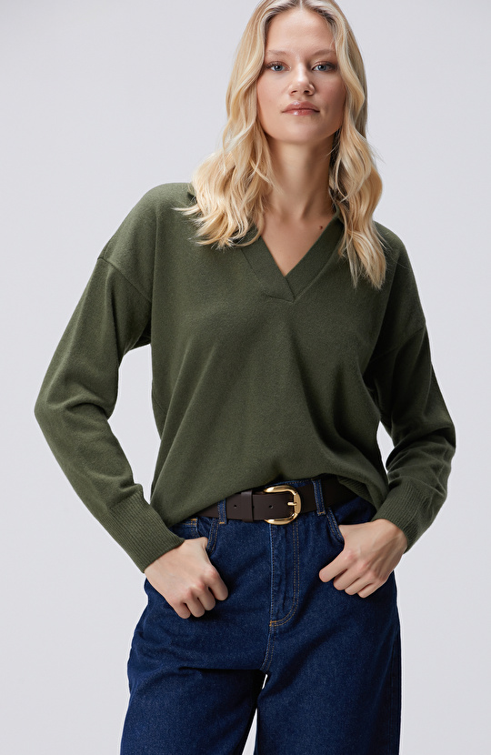 Haki Melanj  Limited Yün Kaşmir Karışımlı Kazak