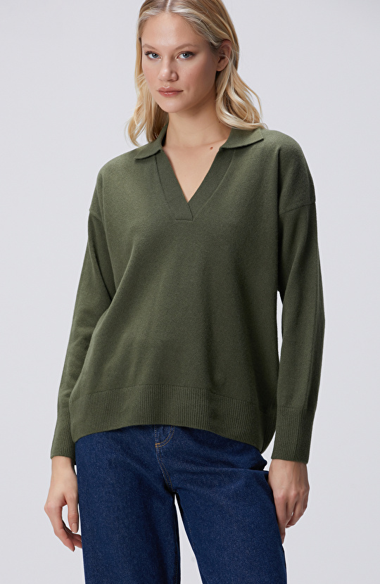 Haki Melanj  Limited Yün Kaşmir Karışımlı Kazak