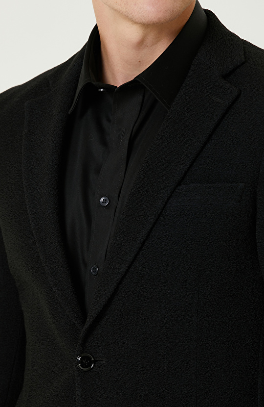 Siyah Yün Karışımlı Jakarlı Örme Ceket