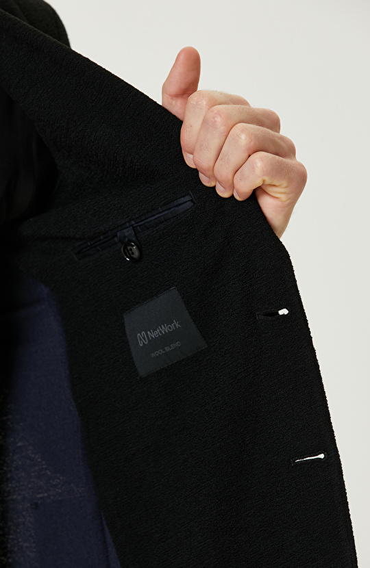 Siyah Yün Karışımlı Jakarlı Örme Ceket